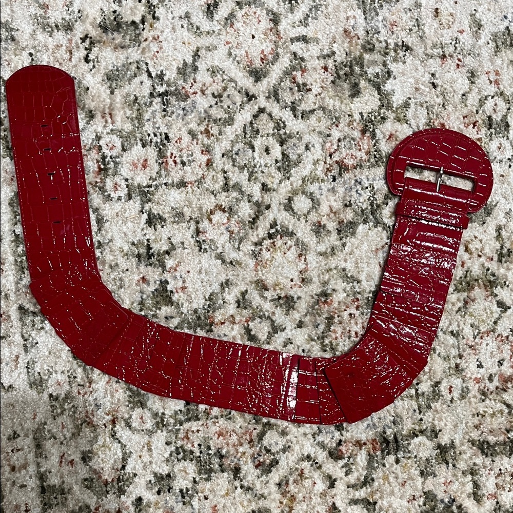 Red Croc-Embossed Belt with Round Buckle